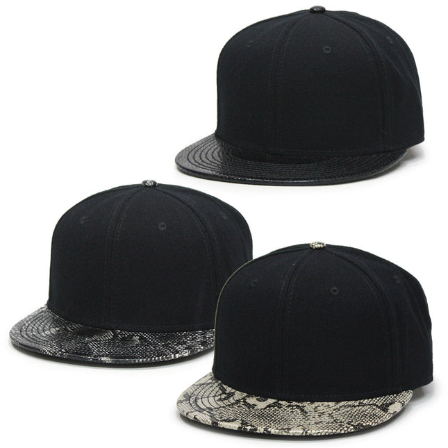 Wool Blend Snake Faux Leather Flat Bill Adjustable Snapback Hats Baseball Caps