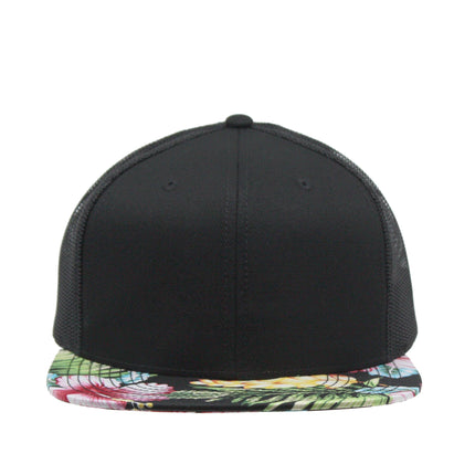 Floral Hawaiian/Black Square Flat Mesh Cotton Twill Adjustable Snapback Baseball Caps
