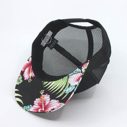 Floral Hawaiian/Black Square Flat Mesh Cotton Twill Adjustable Snapback Baseball Caps
