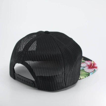 Floral Hawaiian/Black Square Flat Mesh Cotton Twill Adjustable Snapback Baseball Caps