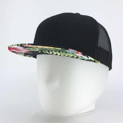 Floral Hawaiian/Black Square Flat Mesh Cotton Twill Adjustable Snapback Baseball Caps