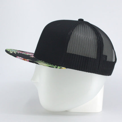 Floral Hawaiian/Black Square Flat Mesh Cotton Twill Adjustable Snapback Baseball Caps