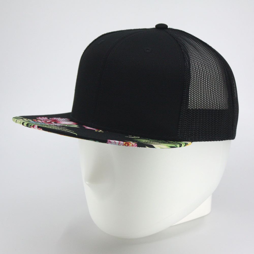 Floral Hawaiian/Black Square Flat Mesh Cotton Twill