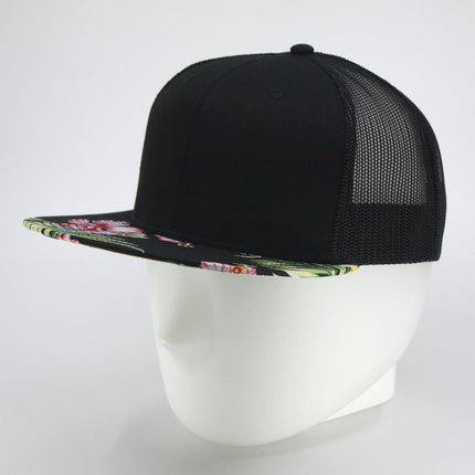 Floral Hawaiian/Black Square Flat Mesh Cotton Twill Adjustable Snapback Baseball Caps
