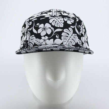 Floral Cotton Twill Flat Bill Adjustable Flower Black 5 Panel Camper Cap