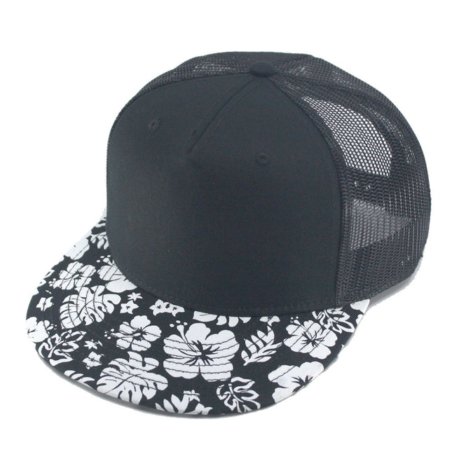 Floral/Black Cotton Twill Flat Brim Mesh Back Adjustable Snapback Baseball Cap