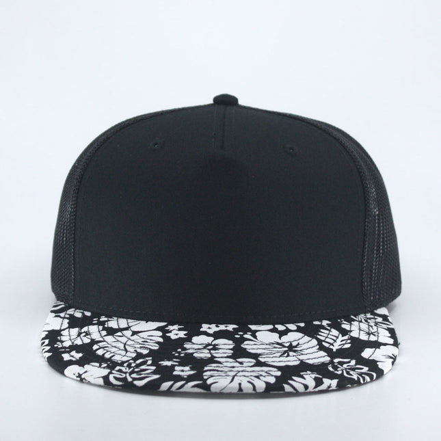 Floral/Black Cotton Twill Flat Brim Mesh Back Adjustable Snapback Baseball Cap