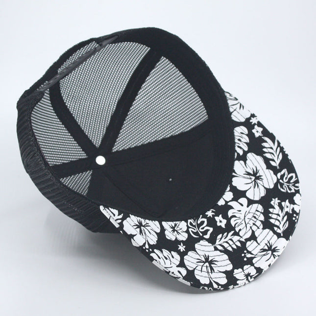 Floral/Black Cotton Twill Flat Brim Mesh Back Adjustable Snapback Baseball Cap