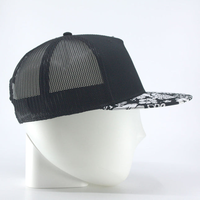 Floral/Black Cotton Twill Flat Brim Mesh Back Adjustable Snapback Baseball Cap
