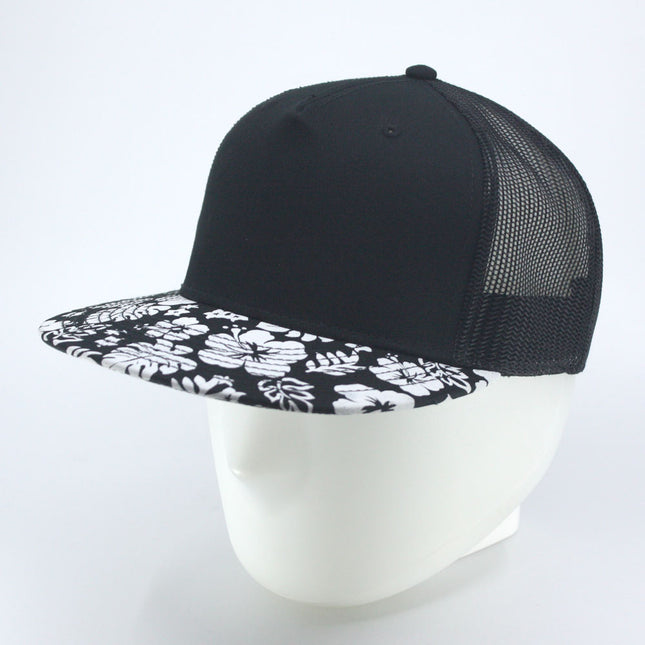 Floral/Black Cotton Twill Flat Brim Mesh Back Adjustable Snapback Baseball Cap