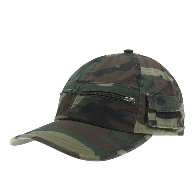 Zipper Pocket Washed Cotton Sandwich Camouflage Adjustable Baseball Cap