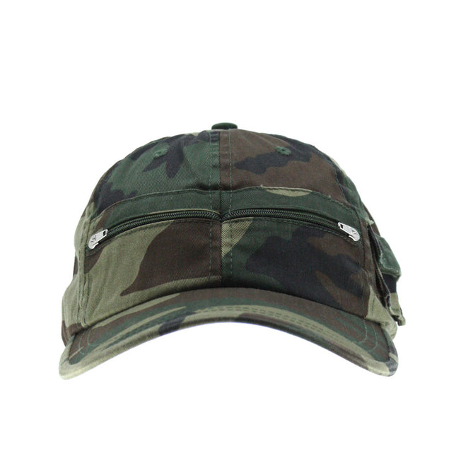 Zipper Pocket Washed Cotton Sandwich Camouflage Adjustable Baseball Cap