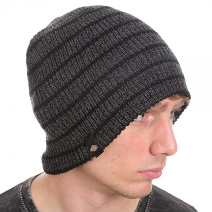 Dickies Reversible Stripe Fleece Slouch Knit Cuff Beanie Black/Grey