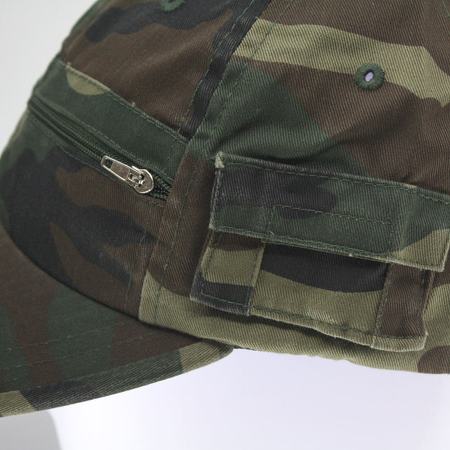 Zipper Pocket Washed Cotton Sandwich Camouflage Adjustable Baseball Cap
