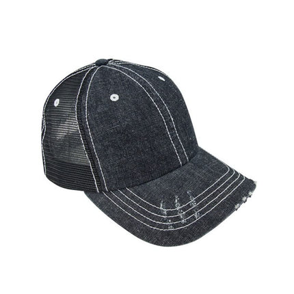 Distressed Denim Cotton Low Profile Mesh Adjustable Trucker Baseball Cap