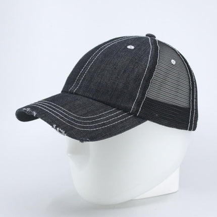 Distressed Denim Cotton Low Profile Mesh Adjustable Trucker Baseball Cap