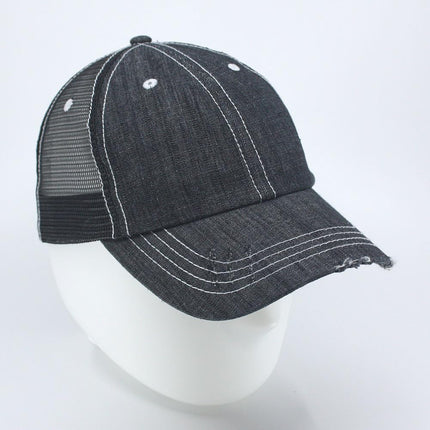 Distressed Denim Cotton Low Profile Mesh Adjustable Trucker Baseball Cap