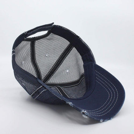 Distressed Denim Cotton Low Profile Mesh Adjustable Trucker Baseball Cap