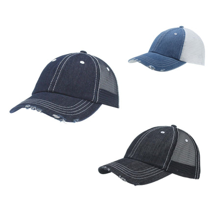 Distressed Denim Cotton Low Profile Mesh Adjustable Trucker Baseball Cap