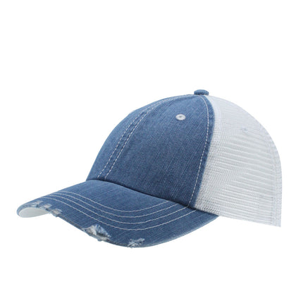Distressed Denim Cotton Low Profile Mesh Adjustable Trucker Baseball Cap