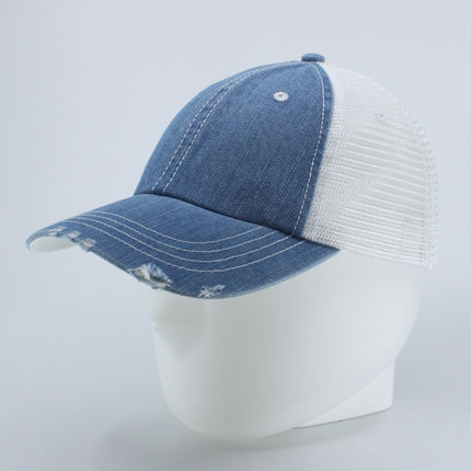 Distressed Denim Cotton Low Profile Mesh Adjustable Trucker Baseball Cap