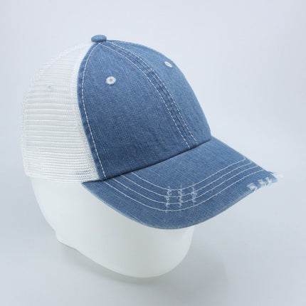 Distressed Denim Cotton Low Profile Mesh Adjustable Trucker Baseball Cap