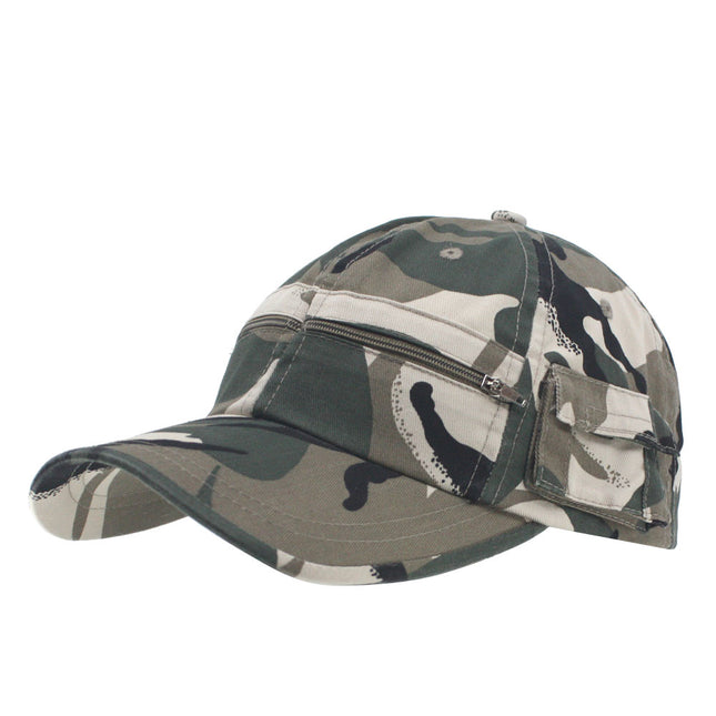 Zipper Pocket Washed Cotton Sandwich Camouflage Adjustable Baseball Cap