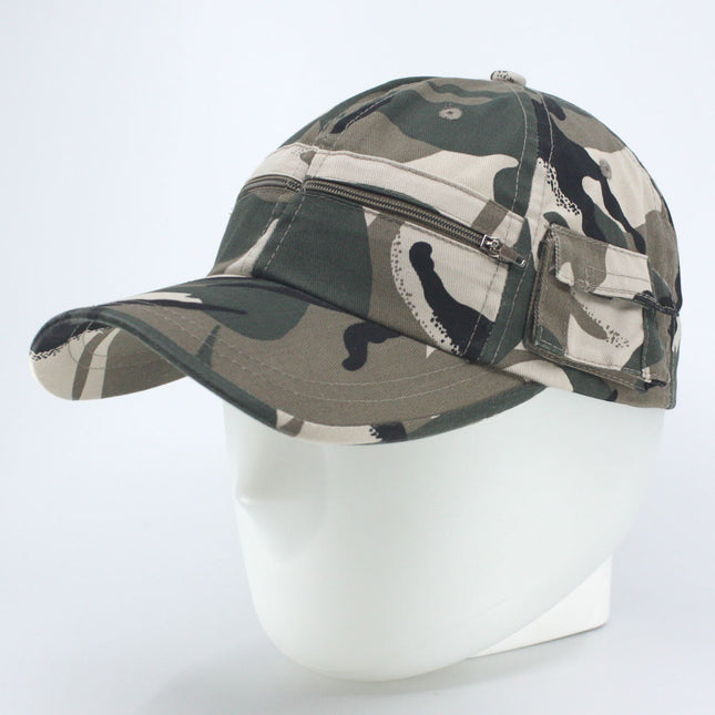 Zipper Pocket Washed Cotton Sandwich Camouflage Adjustable Baseball Cap