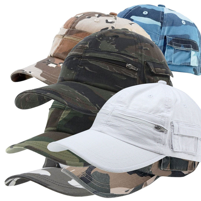 Zipper Pocket Washed Cotton Sandwich Camouflage Adjustable Baseball Cap