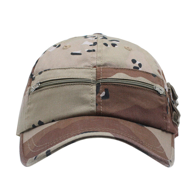 Zipper Pocket Washed Cotton Sandwich Camouflage Adjustable Baseball Cap