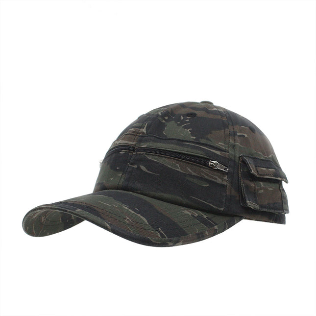 Zipper Pocket Washed Cotton Sandwich Camouflage Adjustable Baseball Cap