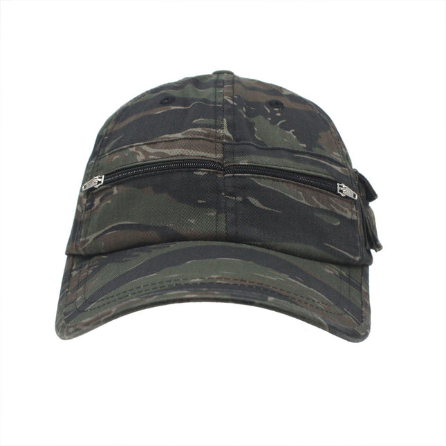 Zipper Pocket Washed Cotton Sandwich Camouflage Adjustable Baseball Cap