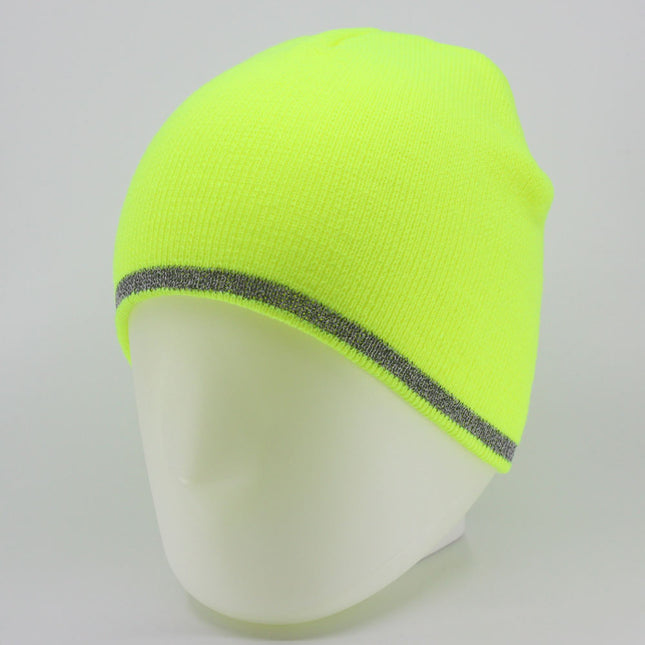 Reflective Strip Basic Solid Neon Acrylic Knit Beanies 8"