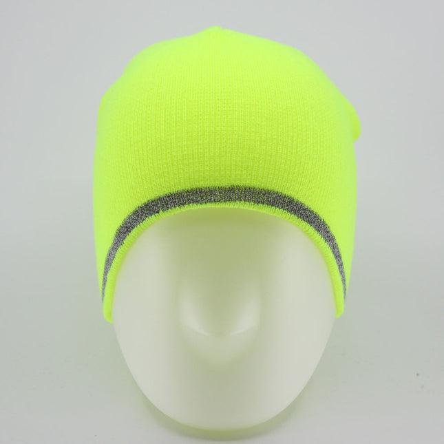 Reflective Strip Basic Solid Neon Acrylic Knit Beanies 8"
