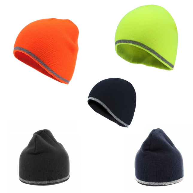 Reflective Strip Basic Solid Neon Acrylic Knit Beanies 8"