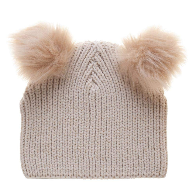 Faux Fur Pompoms Cute Ears Bling Cable Knit Beanie