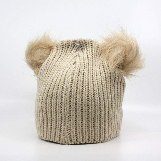 Faux Fur Pompoms Cute Ears Bling Cable Knit Beanie