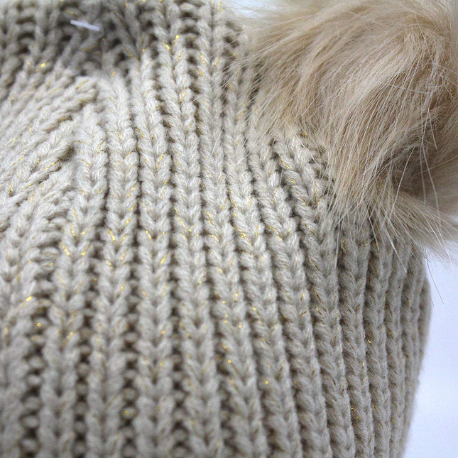 Faux Fur Pompoms Cute Ears Bling Cable Knit Beanie