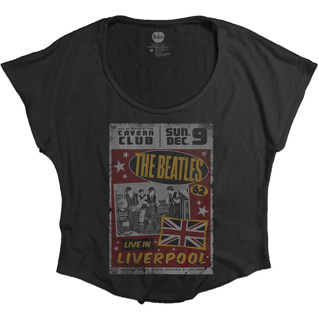 The Beatles Live in Liverpool Women Scoop Neck Batwing Sleeves Tee Shirt Black Large
