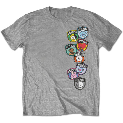 BTS BT21 Bangtan Boys Boy Band K-Pop Badges Unisex Cotton Short Sleeves Tee Shirt Grey