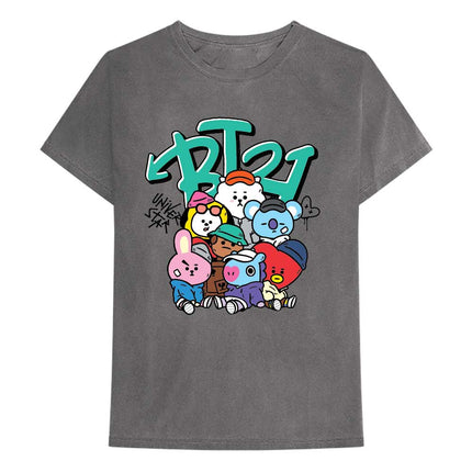 BTS BT21 Bangtan Boys Boy Band K-Pop Unisex Cotton Short Sleeves Tee Shirt Street Mood Group Charcoal Gray