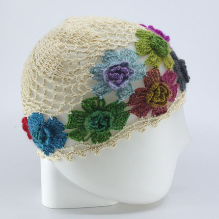 Woman's Hand-Knitted Flower Crocheted Hollow-Out Fashion Knit Beanie Hat
