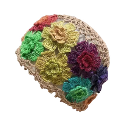 Woman's Hand-Knitted Flower Crocheted Hollow-Out Fashion Knit Beanie Hat