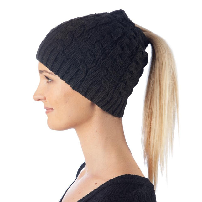Cable Stitch Pony Tail Beanie