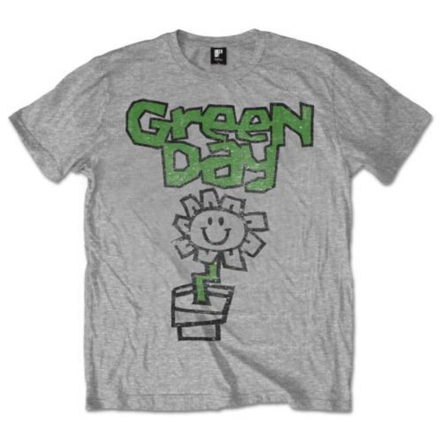Green Day Unisex Cotton Short Sleeves Tee Shirt Flower Pot Grey