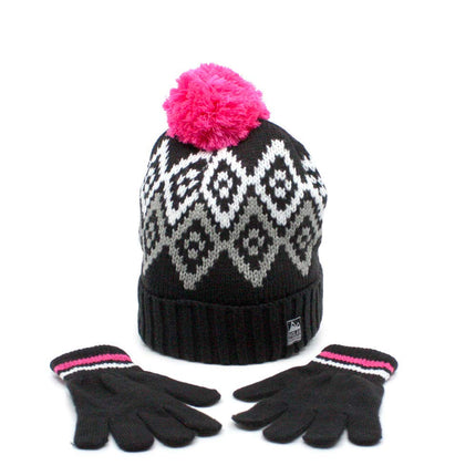 Kids Fairisle Cuff and Contrast Pom Beanie with Matching Magic Gloves