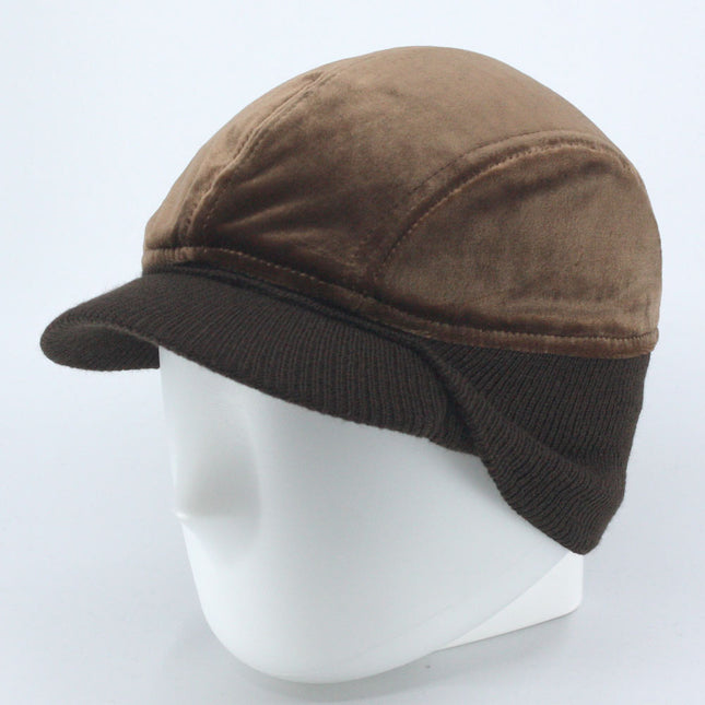 Classic Velour 4 Panel Knitted Warmer Flap Billed Newsboy Cap