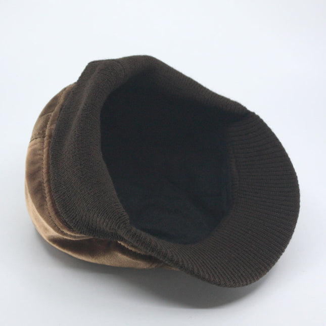 Classic Velour 4 Panel Knitted Warmer Flap Billed Newsboy Cap