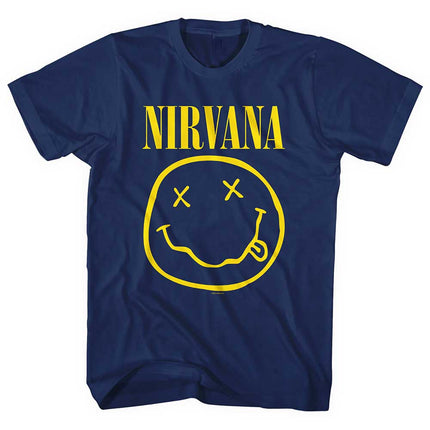Nirvana Yellow Happy Face Unisex Cotton Short Sleeves Tee Shirt Navy Blue