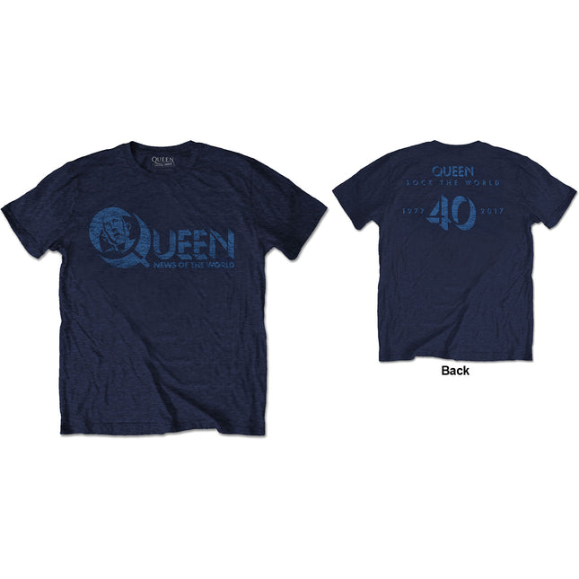 Queen News of the World 40th Vintage Logo Back Print Unisex Cotton Short Sleeves Tee Shirt - Navy Blue